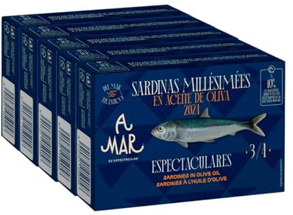 Sardinas Millésimées en Aceite de Oliva A Mar Espectacular - Pack de 5 latas de sardinas - Conservas gourmet para tus aperitivos - Perfectas para tapas y recetas