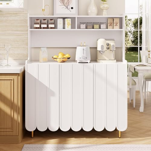 Gelukueub Sideboard (120 x 40 x 151 cm), Anrichte Küche, moderner und einfacher Stil, offenes Ablageregal-Design, das einen aufgeräumten Küchen- und Essbereich schafft (White + MDF)