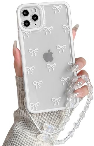 NITITOP Compatible with iPhone 11 Pro Apple Case Cute Clear White Durable Ribbon Bowknot Pattern for Girls Women with Chain Wrist Strap Soft TPU Transparent Shockproof Protective Phone Cover - White