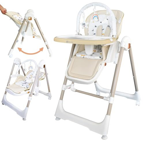 Twinly Babyhochstuhl 3-in-1 Multifunktionaler Schaukelstuhl, Wippe und Hochstuhl für Babys (0m+ - 15kg) / Verstellbar, faltbar und neigbar/Mit 5-Punkt-Gurt (Beige, Movity Pro)