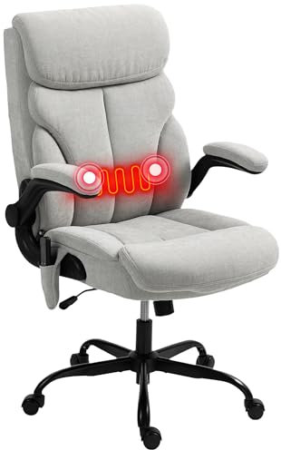 HOMCOM Silla de Oficina con Masaje y Función de Calefacción Silla de Escritorio Giratoria con Altura Ajustable Reposabrazos Abatibles Respaldo Alto y Mando a Distancia Gris