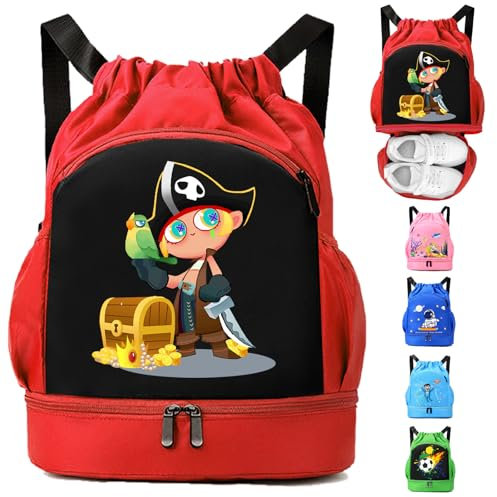 AUNGKWANG Schwimmtasche Kinder, Pirat Sportbeutel Junge mit Kordelzug, Wasserdichter Rucksack mit Bodenfach, 30 * 16 * 42 cm Große Kinder-Sporttasche Rot