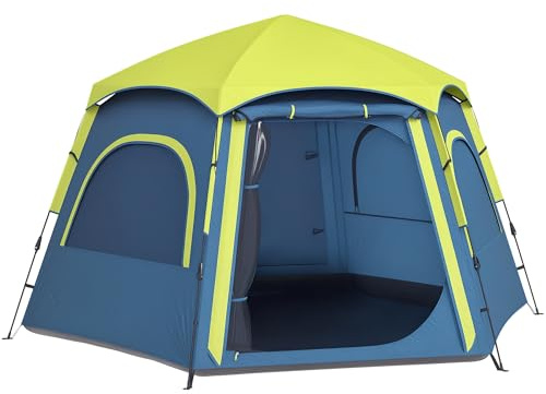 Outsunny Tienda de Campaña para 2-4 Personas Tienda de Camping Plegable con Fácil Instalación Ventanas de Malla Gancho y Bolsa Transporte Protección UV Impermeable 3000+ para Senderismo Azul y Verde