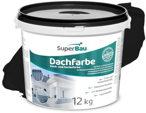 SuperBau Dachfarbe Schwarz (12 kg ca.30m²), Sockelfarbe WASSERDICHT, Fassadenfarbe für Außen, Dachbeschichtung für Blechdach, Bitumen, Dachpappe, Schindeln, Putz