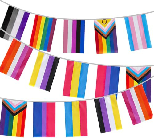 30 Stück Regenbogen Pride Wimpelkette Banner, Fortschritt Gay Pride Flagge Banner, 10 m bunte LGBTQ Feier Wimpelkette für Outdoor-Paraden Dekor, Bar, Heimpartys, waschbar, Polyester, festliche