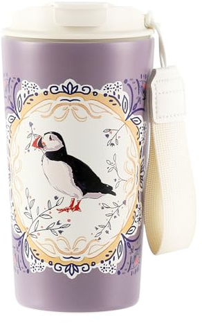 Animal Print Insulated Travel Mug 500ml, Ceramic‑Lined Stainless Steel Coffee Cup, Leakproof Lid with Sip Spout & Straw, Anti‑Slip Base, Carry Lanyard, Hot Cold Reusable Cup，Auk