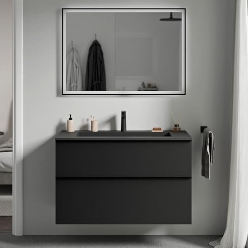 BERNSTEIN - Waschtisch zum Aufhängen, für Badezimmer, MDF, schwarz, matt, Mineralguss, schwarz matt + Hahnloch, Griff aus Metall, Chrom – 80 x 46 x 62 cm – LAVOA