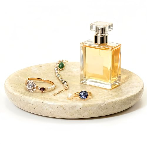 HAMAKAWA Bandeja Redonda para Joyas de travertino Beige, diámetro de 14 cm, Cuenco de mármol Natural para Joyas o jabón, Elegante Regalo para Mujeres, Adecuado para cumpleaños, Fiestas, compromisos