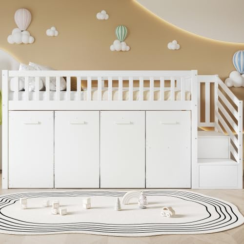 Merax Etagenbett mit Fallschutz und Gitter, Multifunktionsbett für Kinder mit Schreibtisch, Kleiderschrank & Schließfächern, Weiß, 90x200cm