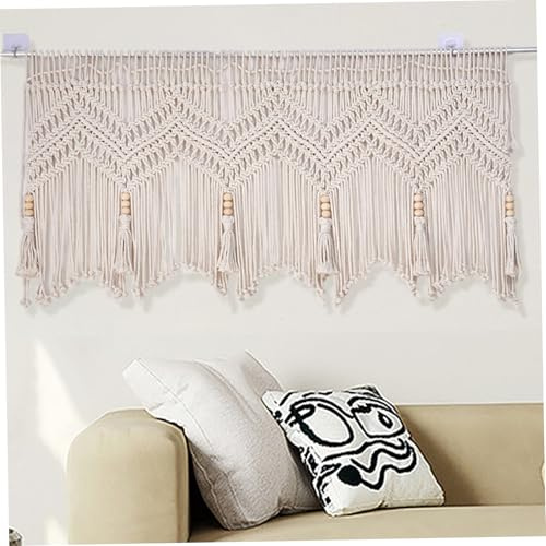 Comebachome Makramee-Vorhänge für Fenster, 132 x 53 cm, Baumwollseil, gewebter Makramee-Volant, Wandbehang, kurzer Boho-Volant für Küche, Schlafzimmer, Badezimmer, Wohnzimmer, Balkontür, Figürchen