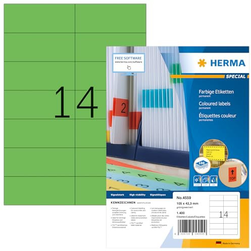 HERMA 4559 Farbige Etiketten grün, 100 Blatt, 105 x 42,3 mm, 14 pro A4 Bogen, 1400 Stück, selbstklebend, bedruckbar, matt, blanko Papier Farbetiketten Aufkleber