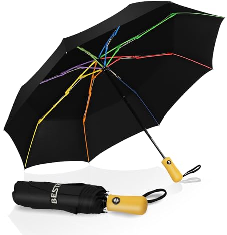BESTKEE Regenschirm sturmfest, Taschenschirm mit Auf-Zu-Automatik, 210T Wasserdichter Schnelles Trocknen mit Regenbogenrippen Kompakter Winddicht Reiseschirm Leicht für Damen Herren（Schwarz）