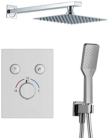 Grifo termostático ducha para empotrar 2 VIAS PUL salida pared. Incluye soporte con toma agua, flexo acero inox., brazo ducha y rociador extraplano. Ducha empotrable con acabado redondeada