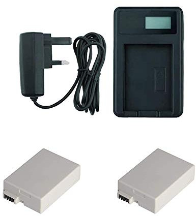 Mains Battery Charger and 2x Battery for Canon EOS 450D, 500D, 1000D, Kiss F, Kiss X2, Kiss X3, Rebel XS, Rebel XSi and Rebel T1i Cameras - Replacement for Charger LC-E5E / LC-E5 and LP-E5 Battery