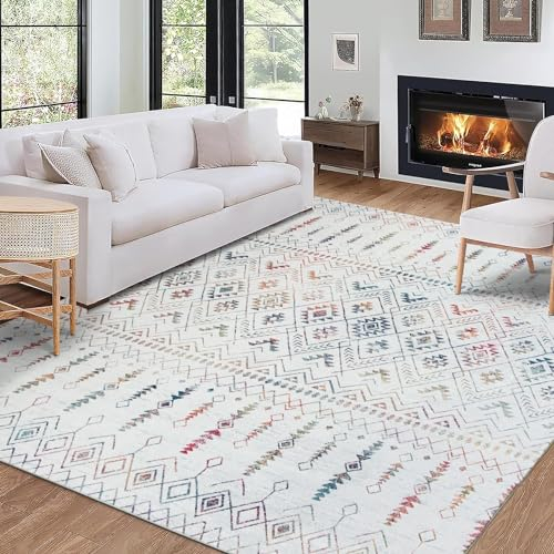 ReaLife Waschmaschine Teppich Läufer - Wohnzimmer Schlafzimmer Badezimmer Küche Flur Büro - rutschfest Kurzflor Fleckenbeständig - Geometrisch Marokkanisch Tribal - Beau - Elfenbein Multi - 90 x 150