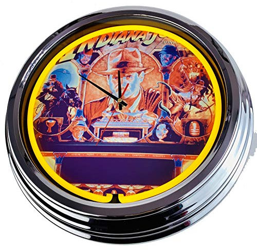 US-Way.de Indianer Jones Stern 2008 WallClock Deko-Clock – 44 cm Durchmesser, Deko-Wanduhr ohne Tickgeräusche und gut lesbares Display, USA 50er-Jahre-Stil Neon-Uhr für Küche, Büro (Gelb)