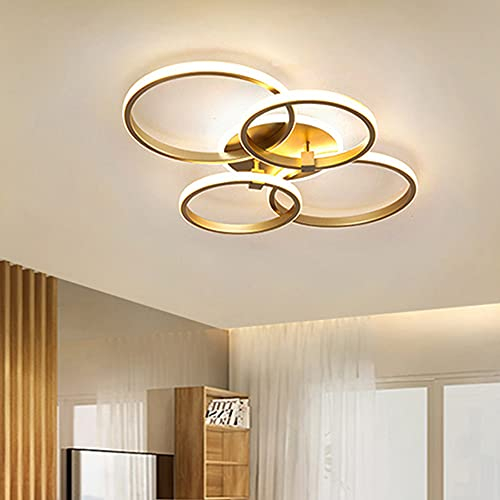 Lanekd LED Deko Schlafzimmer Deckenleuchte Esszimmerlampe Wohnzimmer Deckenlampe Gold Round Ring Design Jugendzimmer-Leuchte Modern Dimmbar Kronleuchter Küchen Esstisch Pendelleuchte Bürolamp 4 Ringe