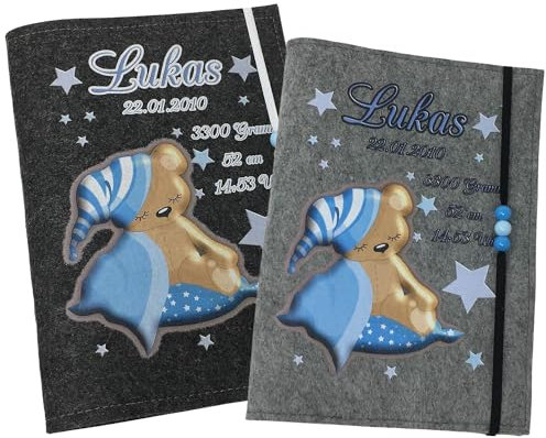 U Heft Hülle und Impfpass aus Filz - Personalisiert mit Namen - Untersuchungsheft Schutzhülle - Babygeschenke zur Geburt - Kinderuntersuchungsheft Mädchen und Junge - Teddy Blau