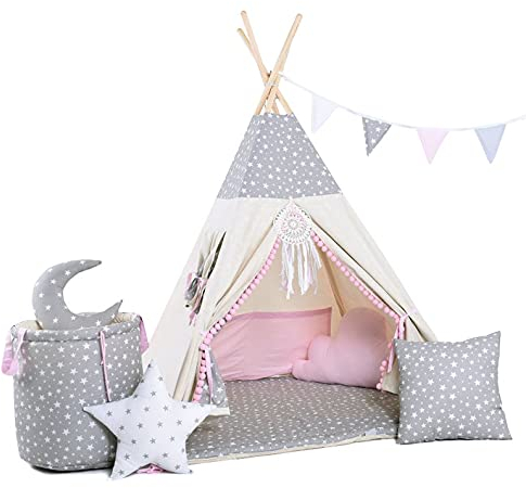 Rainbow Kids Tipi Zelt für Kinder | Baumwollsegeltuch Tippi Kinderzelt, Mehrere Muster und Farben mit und ohne Spielzubehör für Outdoor- und Indoor-Kinderspaß (Wolfstern Rosa, mit Zubehör)