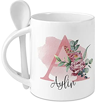 GRAZDesign Tasse weiß mit Löffel, Wunschname & Initiale mit Pfingstrose, Löffeltasse Keramik 330ml