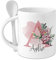 GRAZDesign Tasse weiß mit Löffel, Wunschname & Initiale mit Pfingstrose, Löffeltasse Keramik 330ml