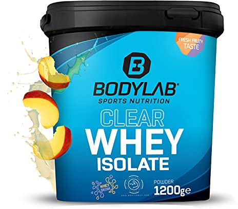 Bodylab24 Clear Whey Isolate 1200g Thé glacé Pêche, shake protéiné à base de 96% d'isolat de protéines de lactosérum, boisson fruitée rafraîchissante, peut aider à la construction musculaire