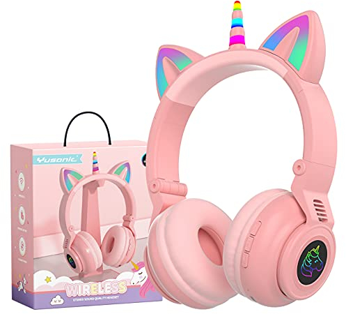 YUSONIC Auriculares Unicornio,Auriculares Bluetooth para niñas,Encender Auriculares inalámbricos para niños para Regalos Escolares de Viaje de cumpleaños (Rosa)