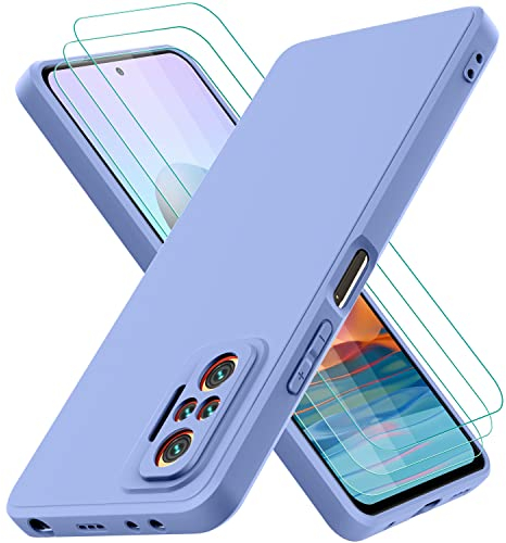 Oureidoo Hülle kompatibel mit Xiaomi Redmi Note 10 Pro, mit 3 Stück Panzerglas Schutzfolie, Handyhülle für Xiaomi Redmi Note 10 Pro Silikon gummiert, Handy Case in Violett