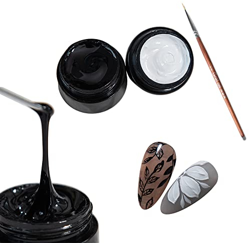 Schwarz & Weiß, 3D Nail Art Malerei Gel Nagellack Set 2 Stück 8g Nagelzeichnung Gel Nagellack für Nageldesign UV LED Maniküre Salon, mit Pinsel