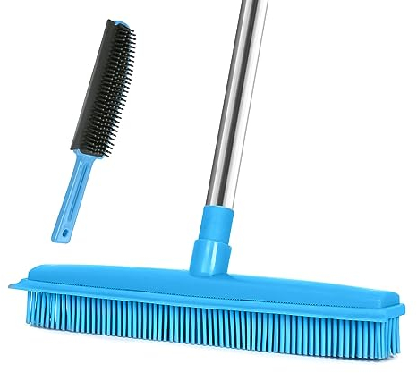 Lanhope Fur Remover Broom, Rubber Broom With Squeegee Longhandle, 50 inches Sweeping Rug Brush Clean Carpet Windows Wooden Floor Sofa Bathroom Rugs Car Floor No Scratch