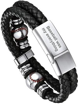 Bandmax Personalisiertes Flechtarmband 21cm für Männer Lederarmband mit Gravur Magnetverschluss Geflochtenes Armband aus Mikrofaser-Leder Manschette Armkette mit Baseball Schmuckzubehör Modeschmuck