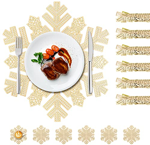 Tischsets Schneeflocken Platzset Rund 12er Set Tischläufer Hitzebeständig rutschfest Platzdeckchenn aus PP - 6er 38cm Tischuntersetzer Platzset und 6er 10cm Glas Untersetzer
