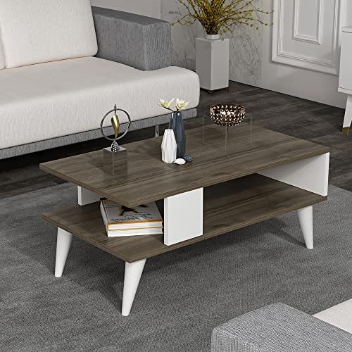 [en.casa] Mesa de Centro Rectangular Mesa Baja Estable con Estante para Salón Mesa Auxiliar Aglomerado 40 x 90 x 45 cm Nogal/Blanco