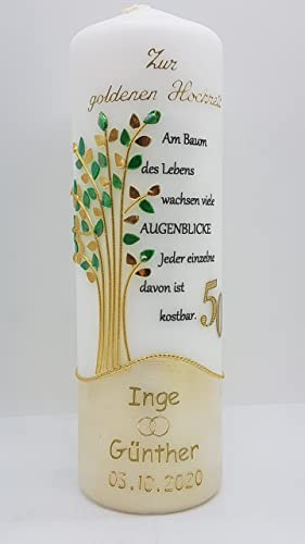 Hochzeitskerze GH-10 zur goldenen Hochzeit in vers. Farben inkl. Namen und Datum HANDARBEIT Geschenkverpackung/Kerzenständer optional