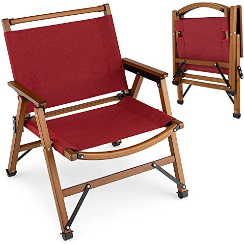 COSTWAY Chaise de Camping Pliante Charge 150KG avec Cadre en Bambou Massif, Chaise Pliante d'Extérieur avec Accoudoirs Hauteur d'Assise 34CM, Idéal pour Camping Pêche Pique-Nique, Rouge