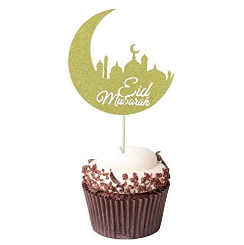 Haowul 20pcs Eid Mubarak Cupcake Topper Eid Kucheneinsätze Flaggen Gold Ramadan Cake Toppers Muslim Party Lieferungen Kuchendekoration