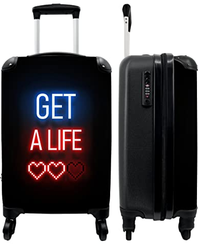 NoBoringSuitcases.com® Koffer Handgepäck Trolley Rollkoffer Kleine Reisekoffer mit 4 Rollen - Spiele - Text - Get a Life - Neon - Schwarz - 55x35x20cm - Fotokoffer - Kabinenkoffer - Boardgepäck