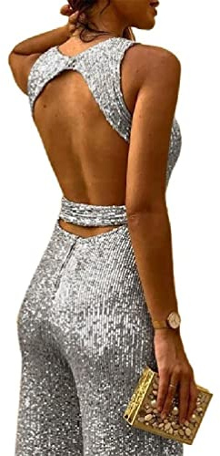 Damen Glitzer Metallic Pailletten Ärmellos Jumpsuits Cocktail Sexy Rückenfrei Gürtel Hohe Taille Weites Bein Lange Hose Strampler Langer Overall für Frauen Formal