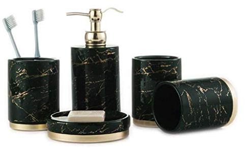 Keramik Badezimmer WC Mundspülung Zahnputzbecher Set Marmor Badezimmer 5-teiliges Set Grüner Spender