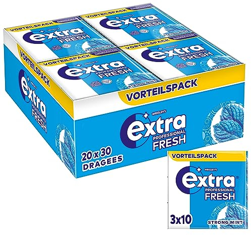 Extra Professional Fresh Strong Mint, Zuckerfreier Kaugummi, Multipack mit 20x30 Dragees, Für frischen Atem