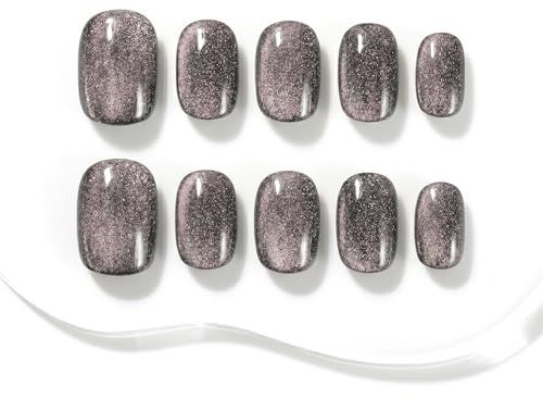 Sun&Beam Nails Handmade Press-On Nails Short Squoval Gray Black (#108 M) | Handmade 10-piece set in gray black glitter with subtle shimmer and a glossy finish