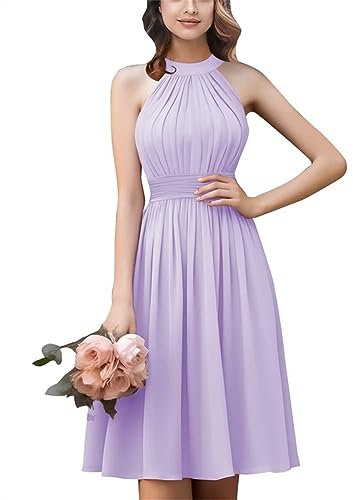 Women's Halter Short Bridesmaid Dresses Ruffled A Line Homecoming Prom Dress Knee Length Wedding Party Gown Lilac UK8
