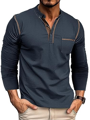 Ophestin Men's Henley Shirts Long Sleeve T Shirt Casual Fashion Shirt Buttons Tee Top Blue 3XL