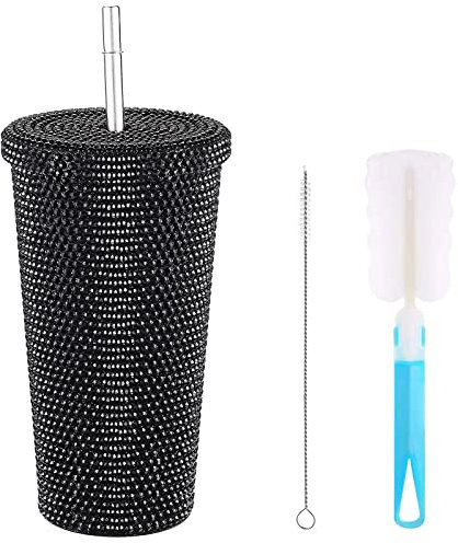 Studded Bling Rhinestone Tumbler 500ml Glitter Insulated Water Bottle with Lid and Straw Stainless Steel Vacuum Water Cup with Cup Brush and Straw Brushes for Women (Black)