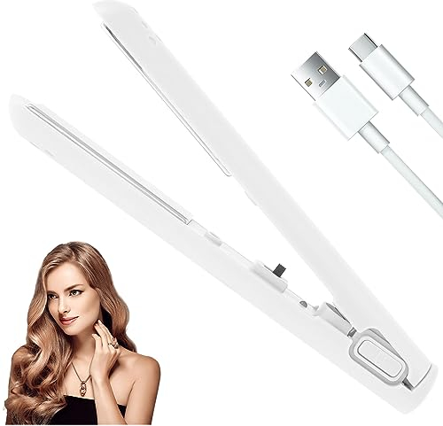 2 in 1 Mini Dual-Purpose Curling Iron, 10W Small Travel Hair Straightener and Curler, Portable USB Rechargeable Hair Curler Iron 30s Fast Heat-Up for Straight Curly Hair(White)