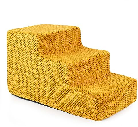 Hundetreppe 30 cm hoch | Katzentreppe Haustiertreppe | 3 Stufen | Hunde Katzen Haustier | für Bett und Auto | Trepp für kleine Hund | Plüschbezug | Farbe: Honig