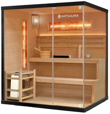 Artsauna Saunakabine Vantaa 175 mit Salzstein - Indoor Sauna 4 Personen - 8 kW Ofen, Glasfront, LED Licht, Thermometer & Sanduhr - Komplett Set