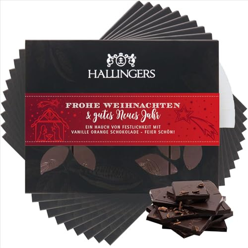 Hallingers Genuss Manufaktur Vegane Schokolade Weihnachts-Geschenk - Tafel handgeschöpfter Edelkakao ohne Alkohol edler Karton 10x Frohe Weihnacht... Vanille-Orange, Weihnachten für Frauen Männer
