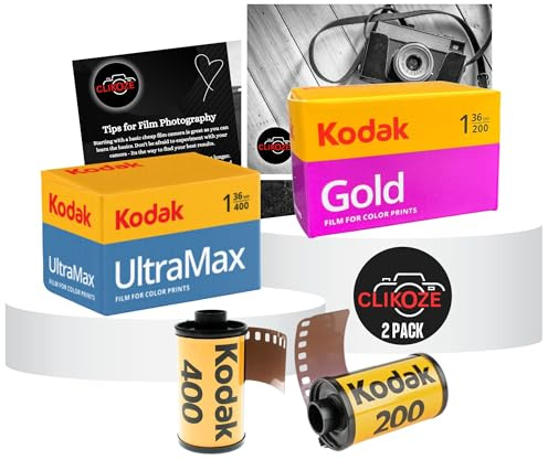 35 mm Film-Set mit Kodak Gold 200 36 EXP, Kodak Ultramax 400 36 EXP und Clikoze Kamera Film Fotografie Tipps Karte