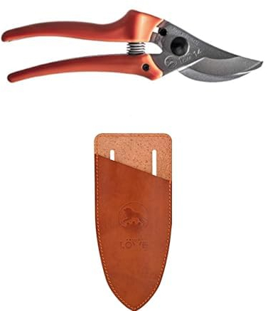 Original LÖWE Set bestehend aus Garten Rosenschere 14.107 zum Schneiden von Rosenbüsche, Äste, Schnittblumen & Klingenschutz und Holster 9808 zum Schutz beim Tragen am Körper vor Verletzungen